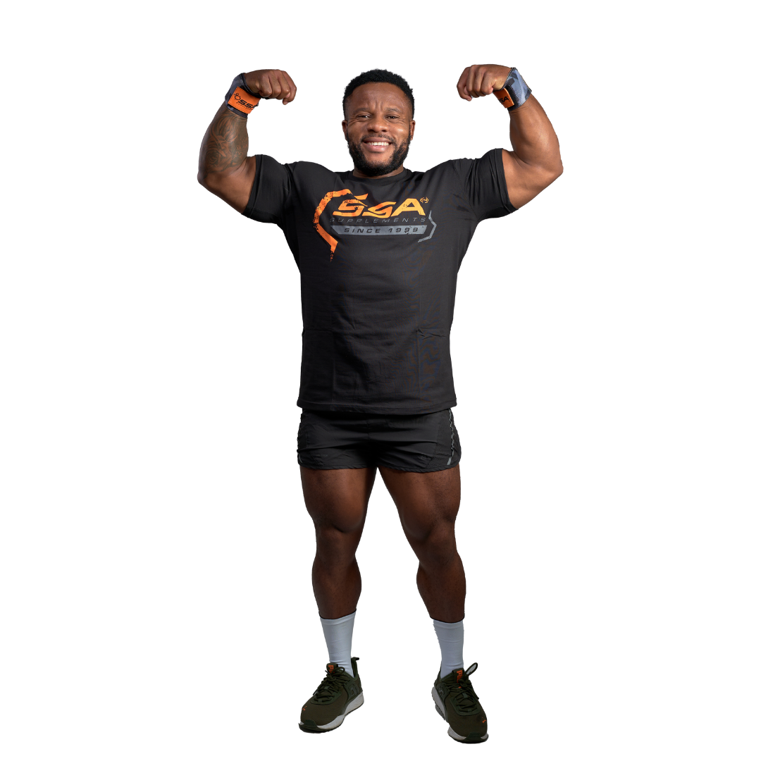 A man wearing a black SSA (South Shore Athletic Association) t-shirt with a logo on the chest, posing with a muscle pose.